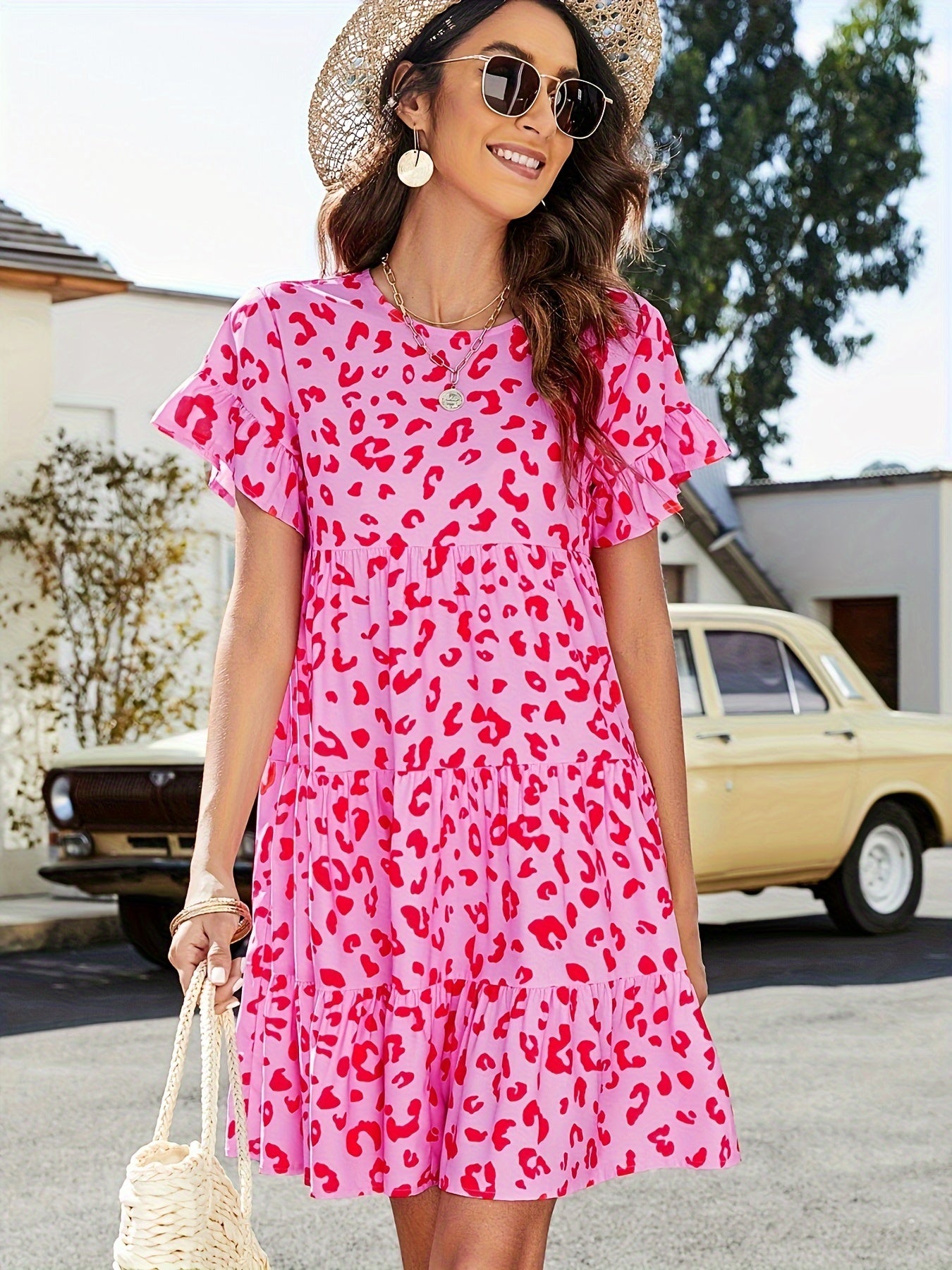  Leopard Print Round Neck Smock Dress