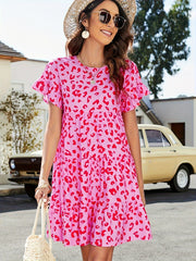  Leopard Print Round Neck Smock Dress
