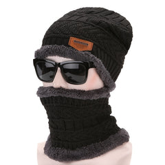 Men's Knitted Plush Beanie Hat Scarf Set