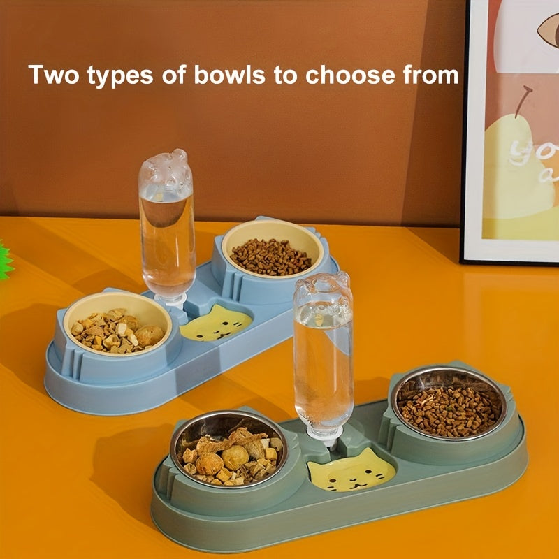 Cat Double Bowls w/ Gravity Water Bottle 3-In-1