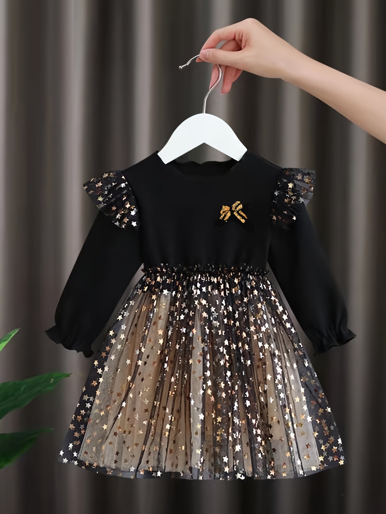 Sequin Stars Tulle Dress Long Sleeve Party Outfit