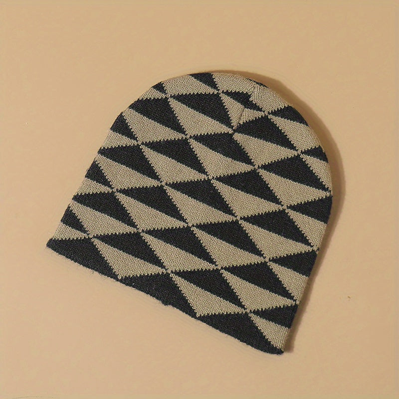 Dark Rhombic Jacquard Beanie Y2K Casual Knit Hat Elastic Skull Hat
