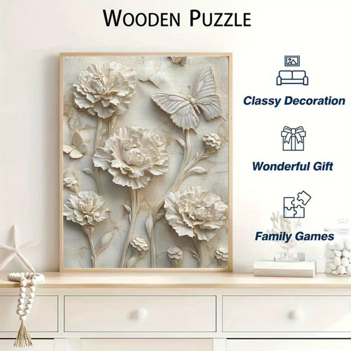 3D Relief Jigsaw Puzzle Carnations & Butterflies on Marble Grained Background