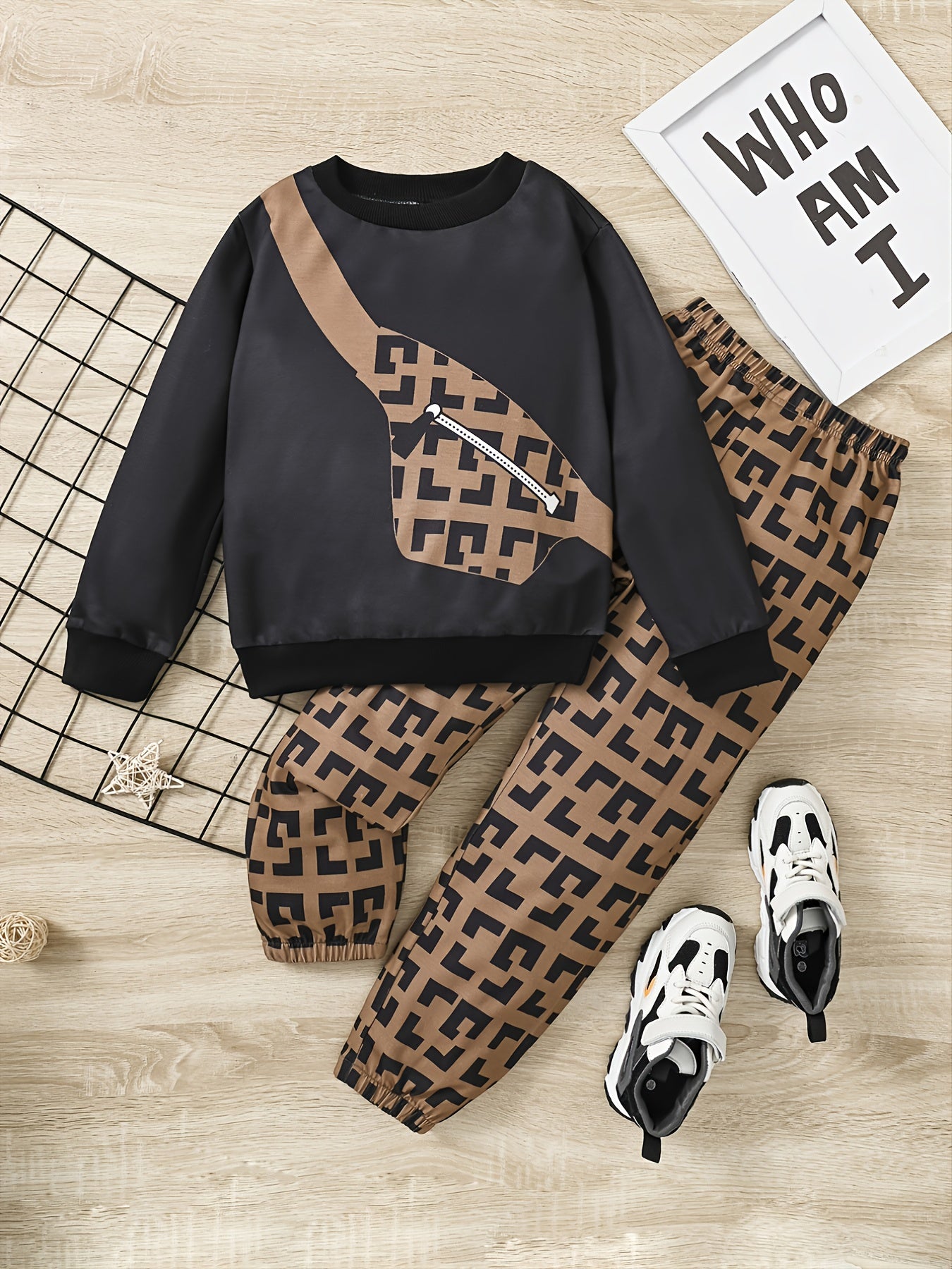 2pcs Boys Bag Print Sweatshirt & Pant Set
