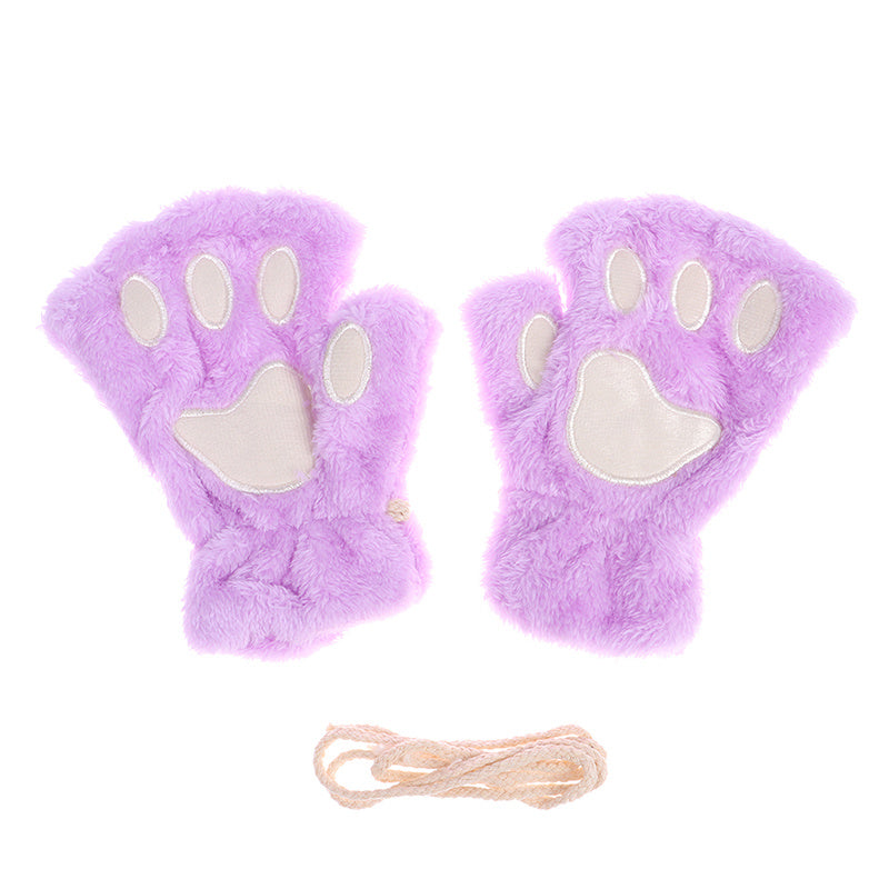 Winter Cartoon Cat Paws Gloves Girl Fingerless Plush Gloves