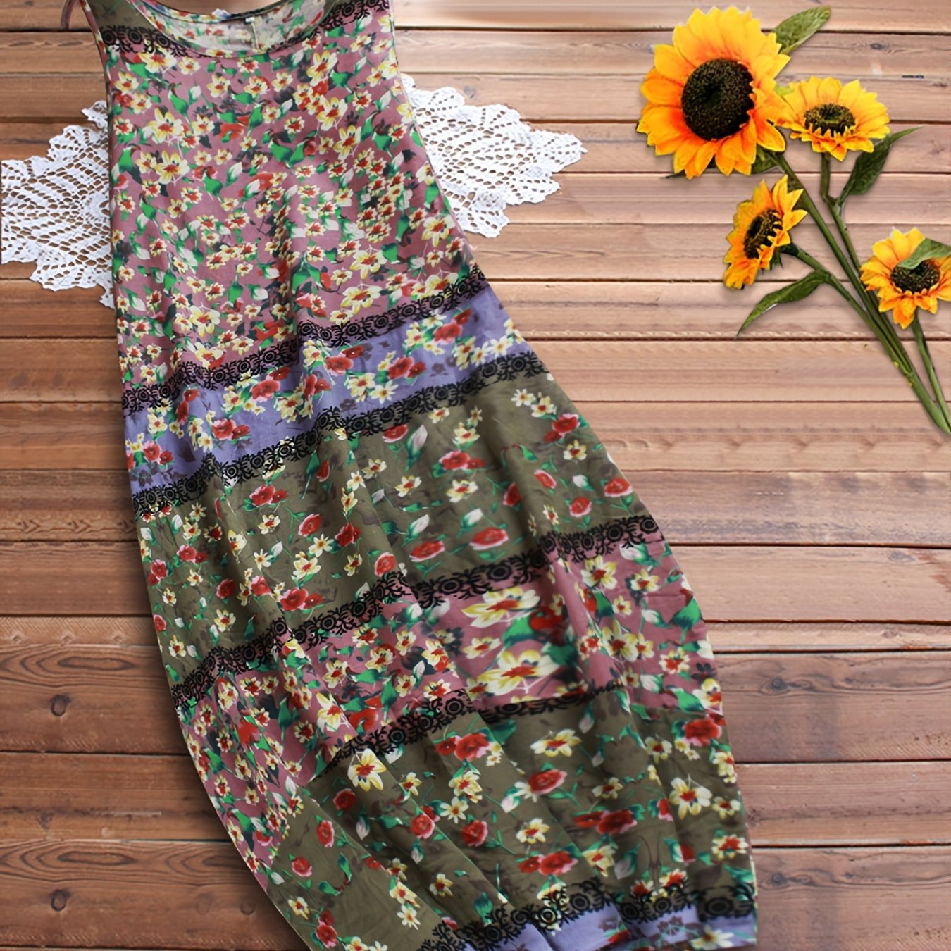  Colorblock Floral Print Tank Dress