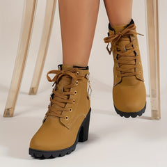 Women's Chunky Heeled Ankle Boots Retro Solid Lace Up High Heels