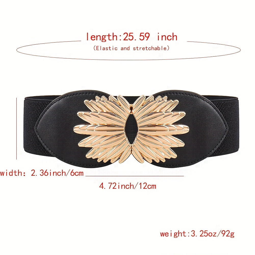 Vintage Golden Leaf Buckle Belt Elastic Wide Waistband for Women