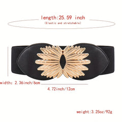 Vintage Golden Leaf Buckle Belt Elastic Wide Waistband for Women