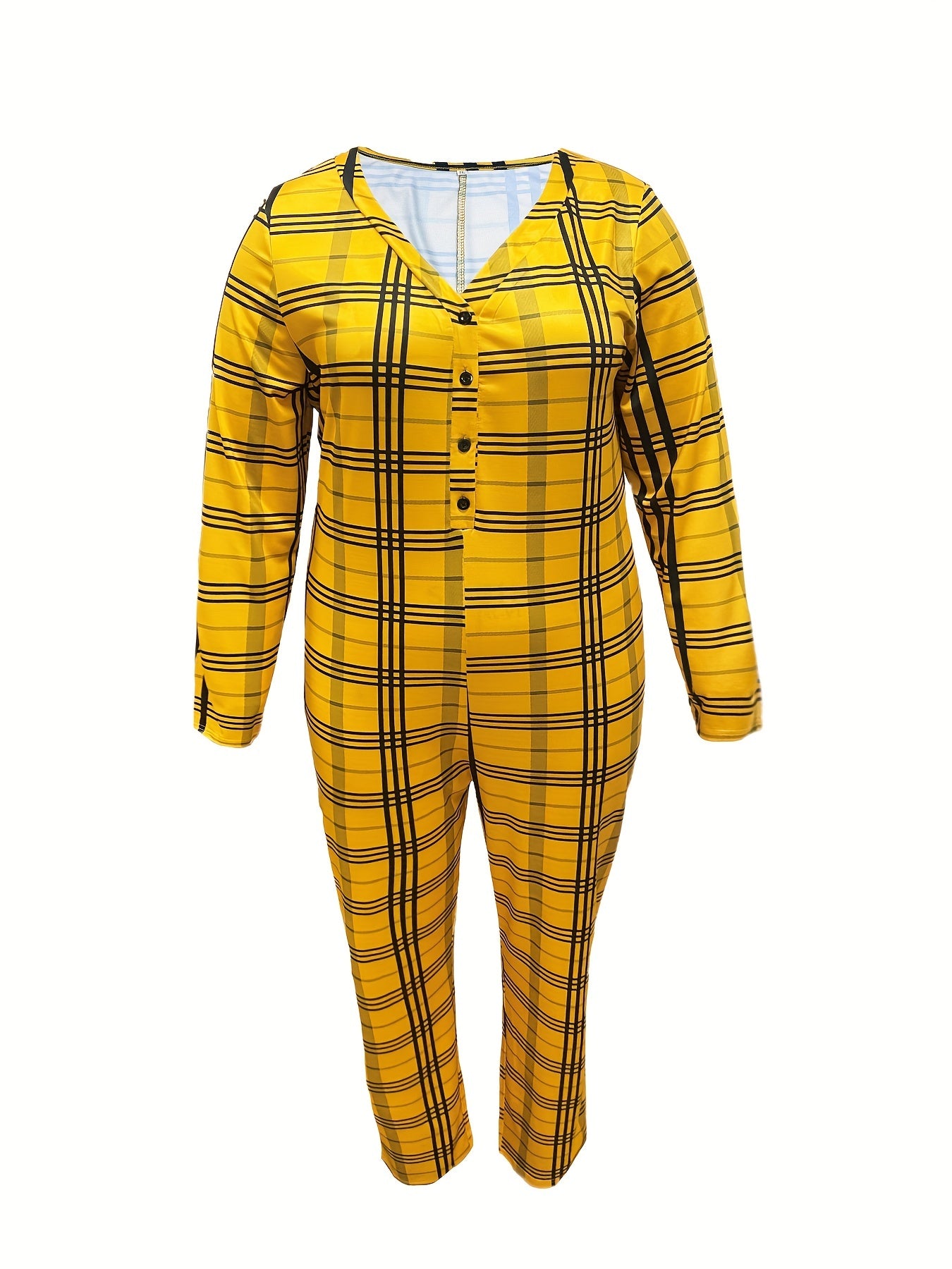  Plaid Print Jumpsuit V Neck Button Up