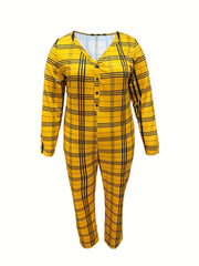  Plaid Print Jumpsuit V Neck Button Up
