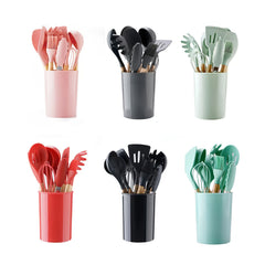 12pcs Silicone Kitchen Utensils Set with Wooden Handle and Storage Bucket