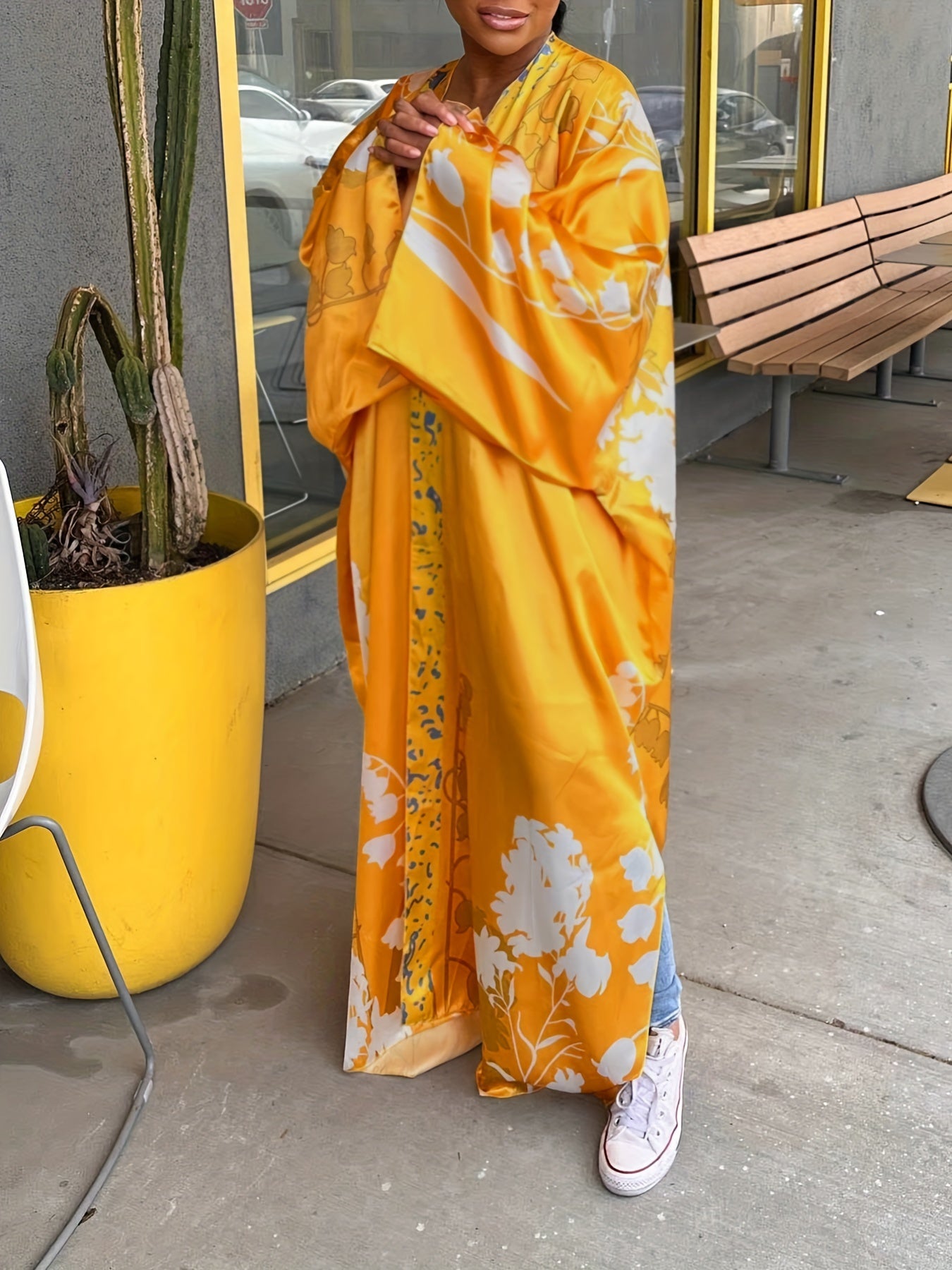  Floral Print Batwing Sleeve Kimono Cover Up