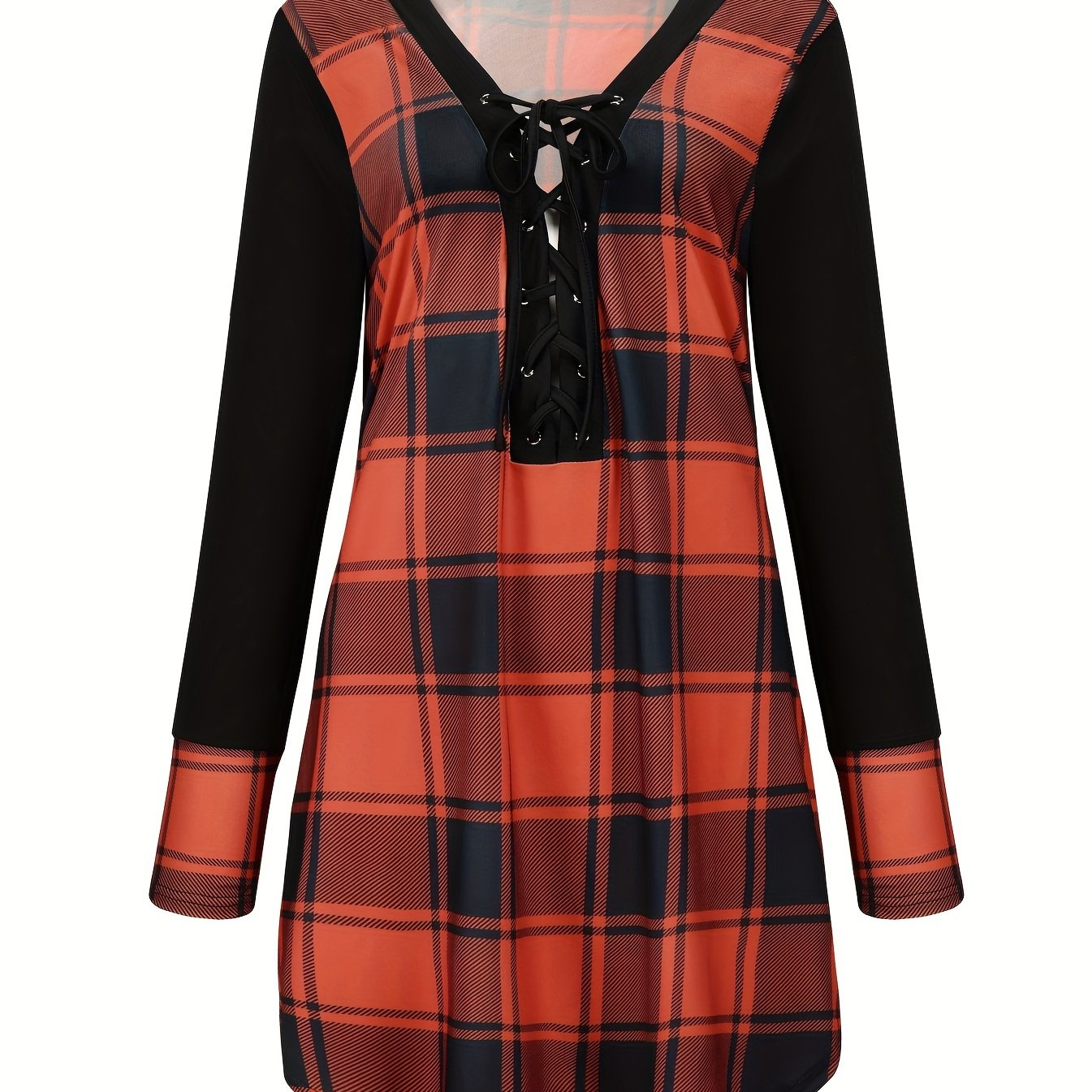  Plaid Print Raglan Sleeve Lace Up V Neck Top