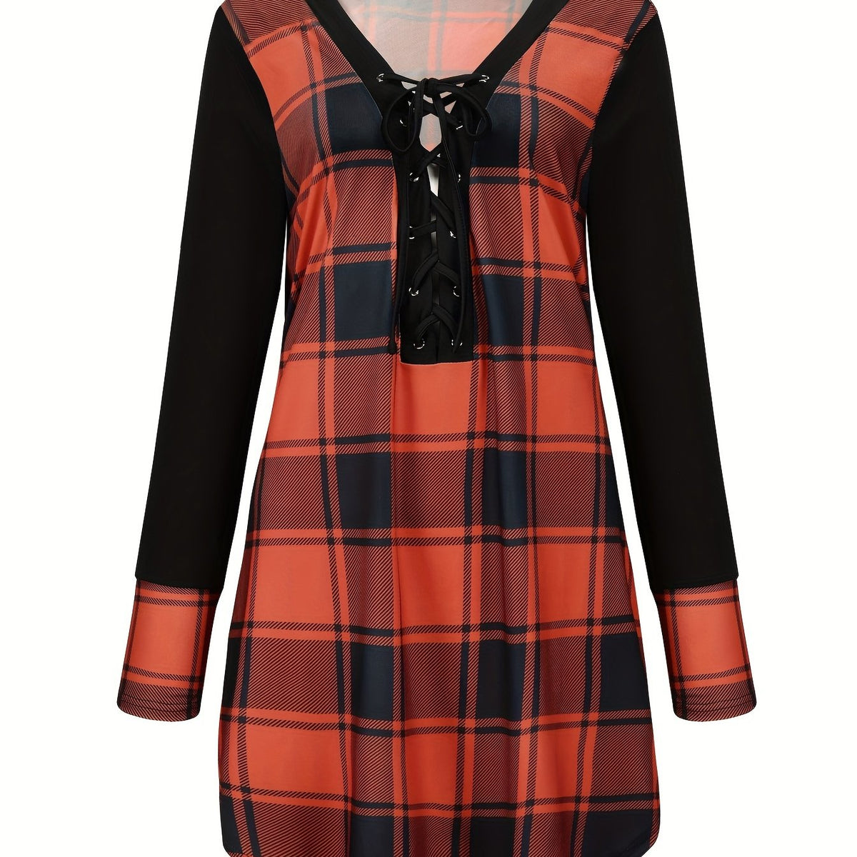  Plaid Print Raglan Sleeve Lace Up V Neck Top