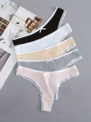 5pcs Lace Trim Ribbed Low Waist Panties Women's Lingerie