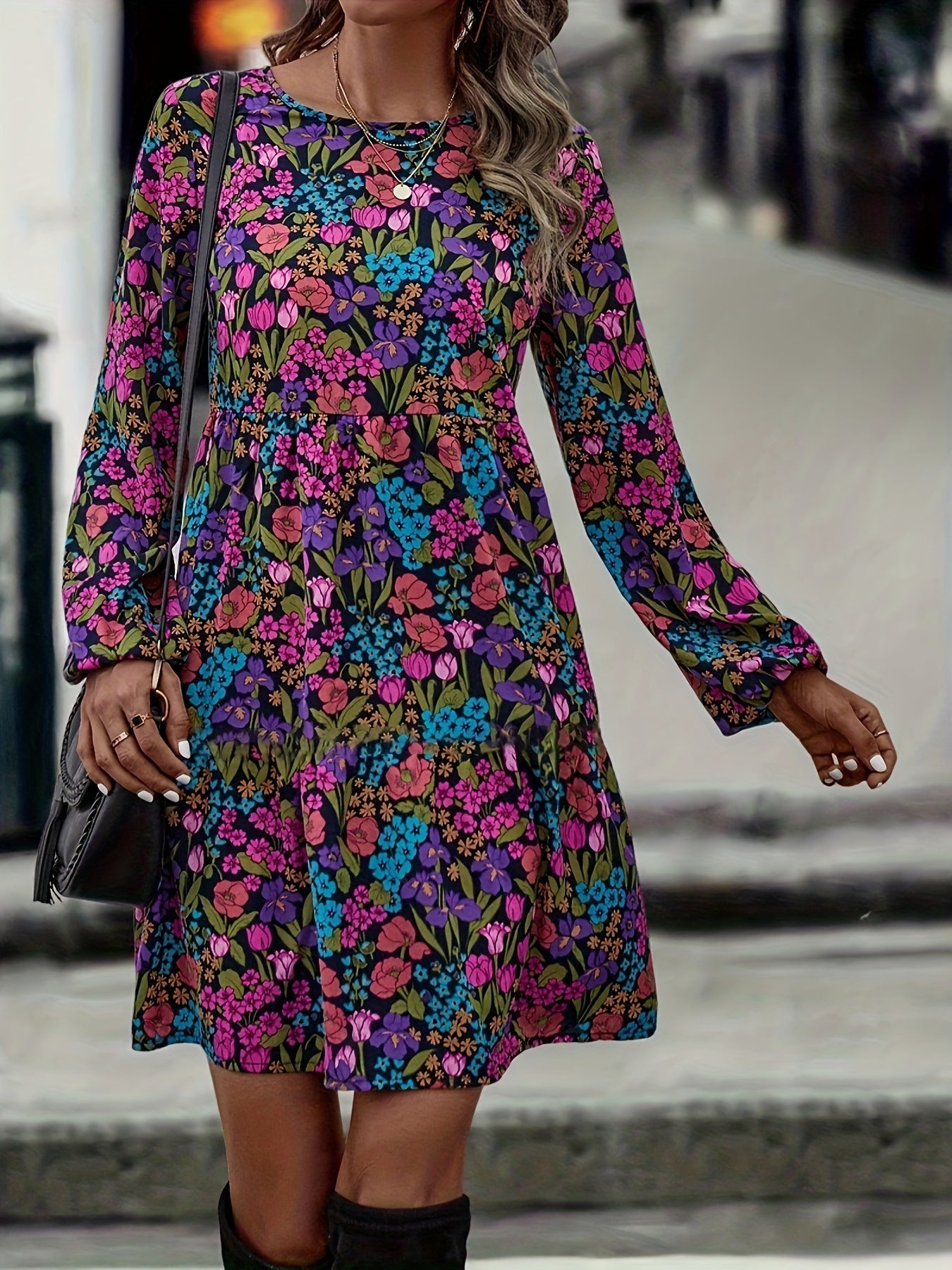  Floral Print Long Sleeve Mini Dress