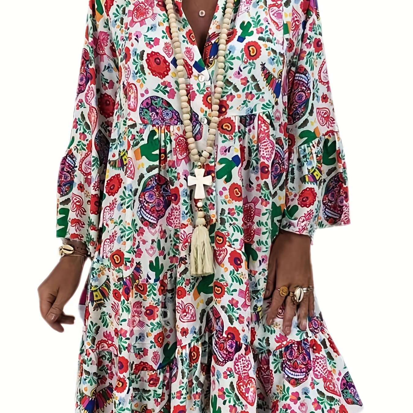  Graphic Print Long Sleeve Shirt Dress