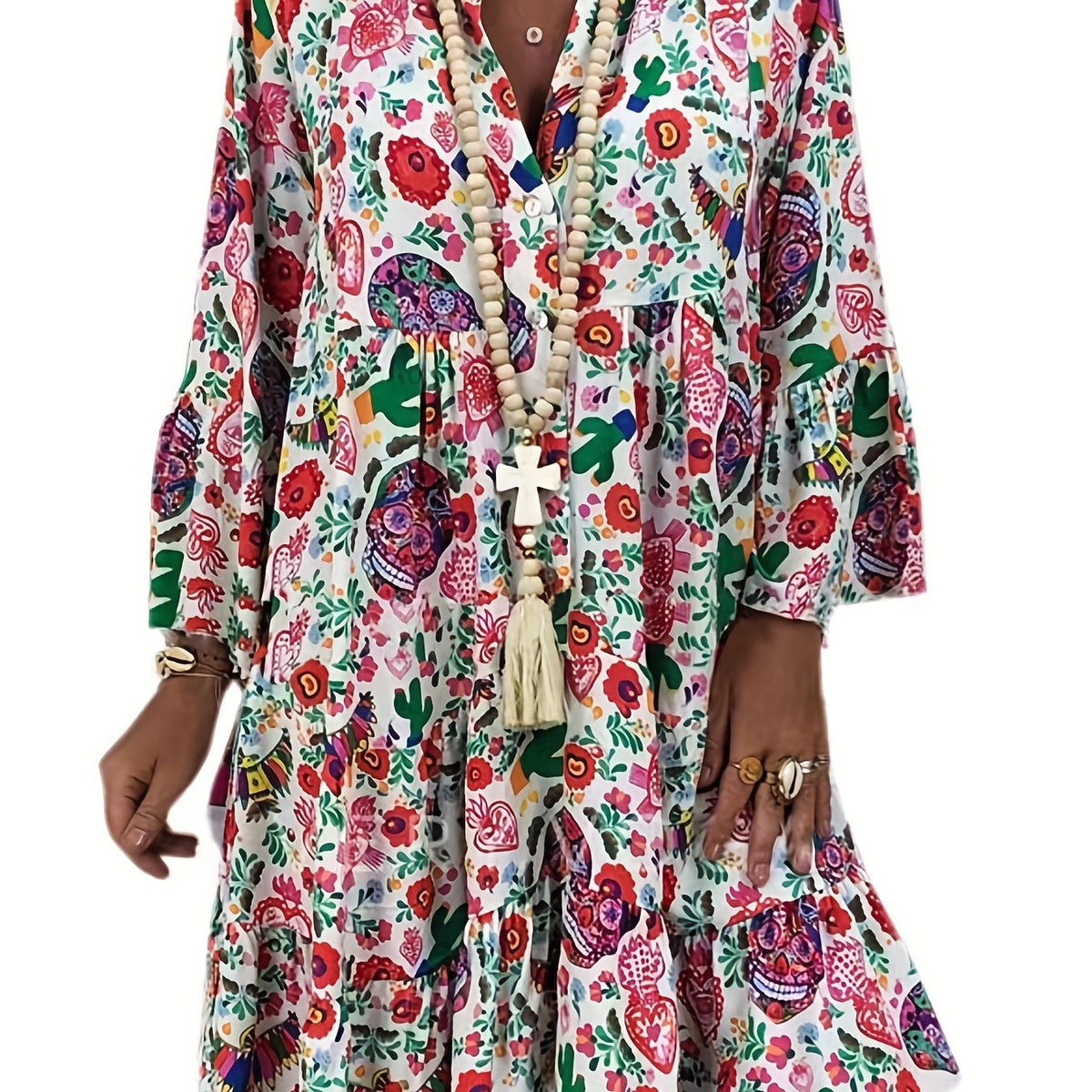  Graphic Print Long Sleeve Shirt Dress