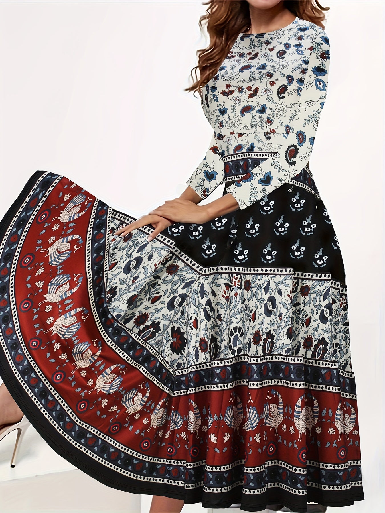 Women's Plus Tribal & Floral Print Three Quarter Sleeve Round Neck Maxi Dress