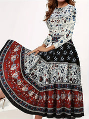 Women's Plus Tribal & Floral Print Three Quarter Sleeve Round Neck Maxi Dress