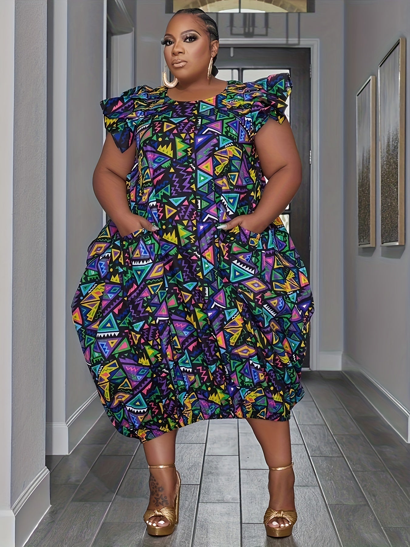  Women's Geometric Print Ruffle Sleeve Dress