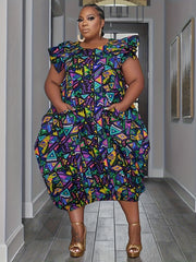  Women's Geometric Print Ruffle Sleeve Dress