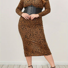  Leopard Print Mock Neck Bodycon Dress