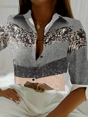  Colorblock Glitter Button Up Blouse