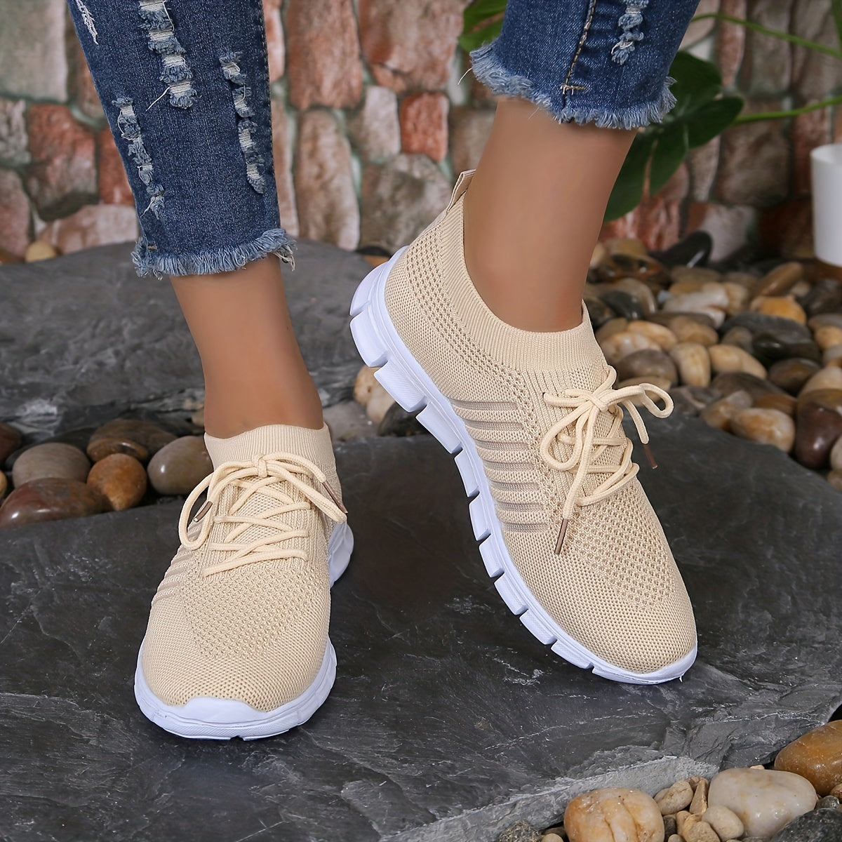 Women's Lace Up Knit Weaving Sneakers Breathable Mesh Running Shoes