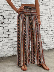 Boho Patchwork Print Shirred Waist Wide Leg Pants