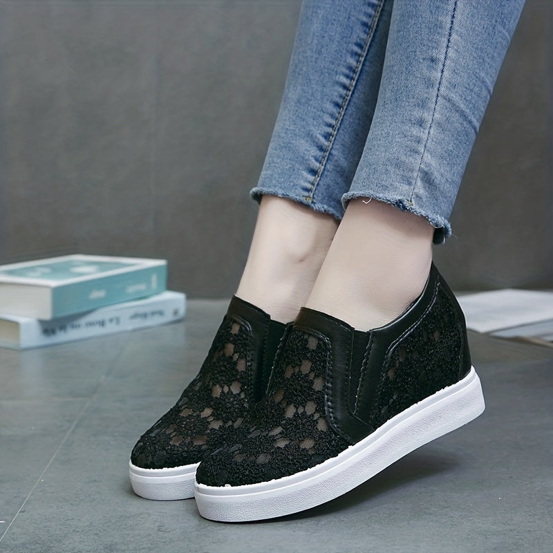 Women's Floral Mesh Sneakers Closed Toe Slip On Height Increasing Wedge Shoes
