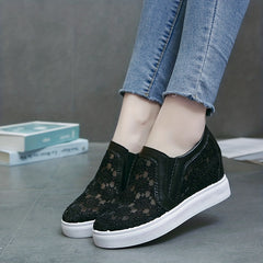 Women's Floral Mesh Sneakers Closed Toe Slip On Height Increasing Wedge Shoes
