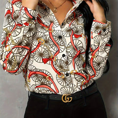  Chain Print Button Up Long Sleeve Blouse