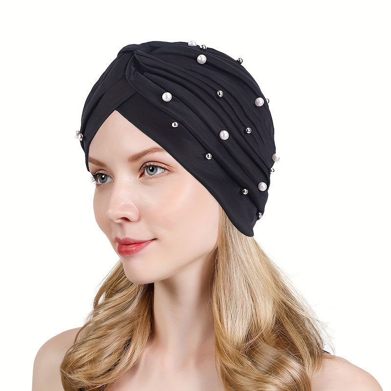 Faux Pearl Decor Turban Pleated Chemo Cap Hat