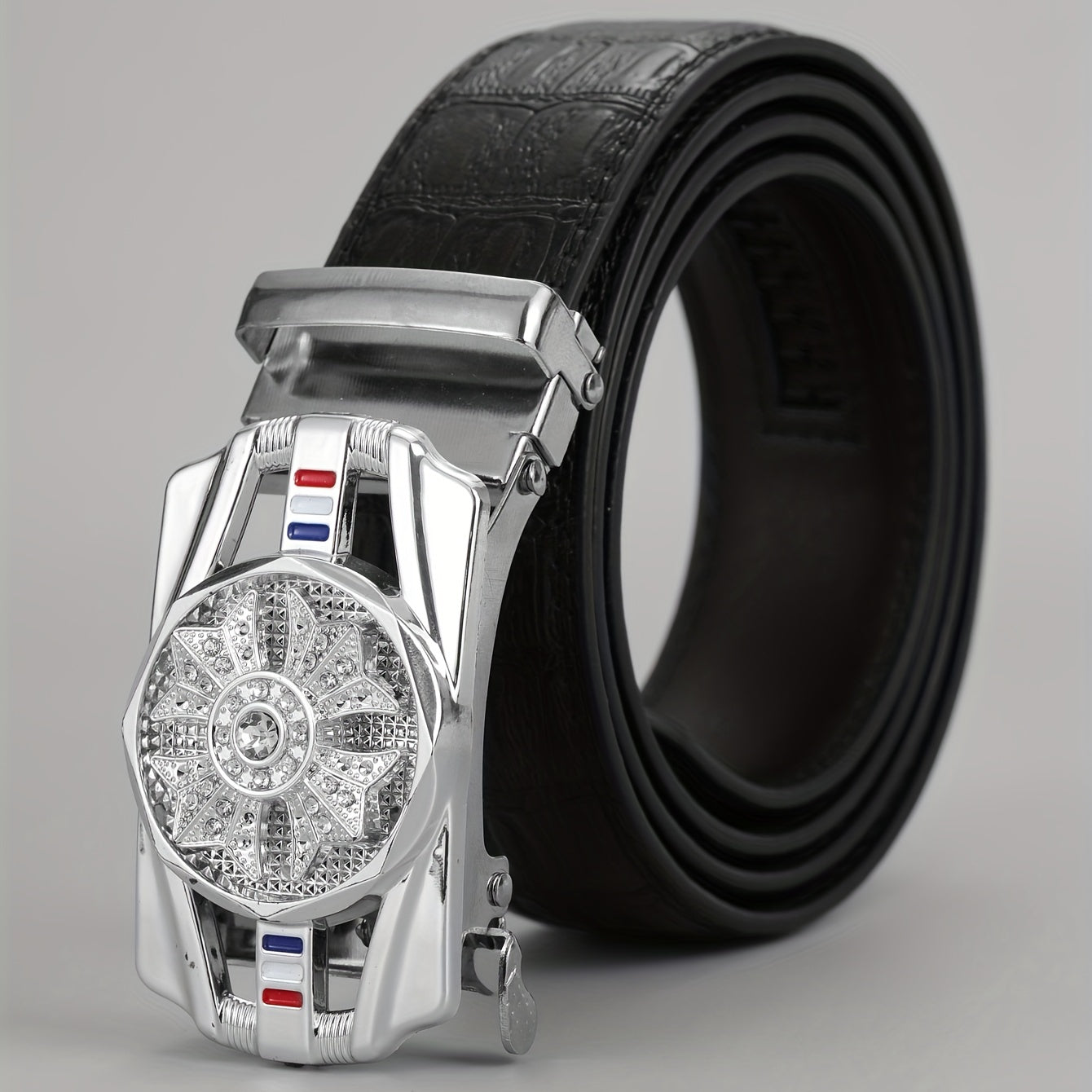 Men's PU Leather Automatic Buckle Belt with Flower Decor