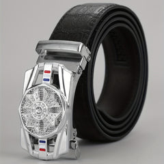 Men's PU Leather Automatic Buckle Belt with Flower Decor