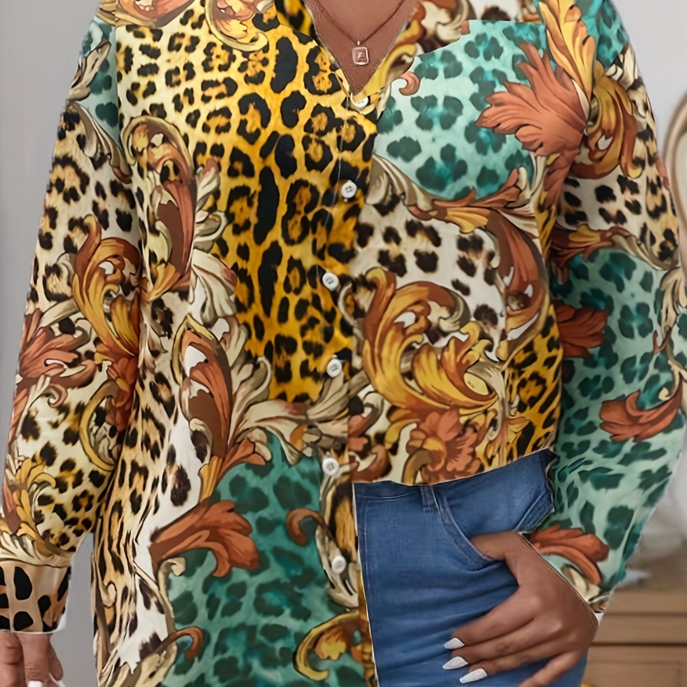  Colorblock Leopard & Baroque Print Button Up Blouse