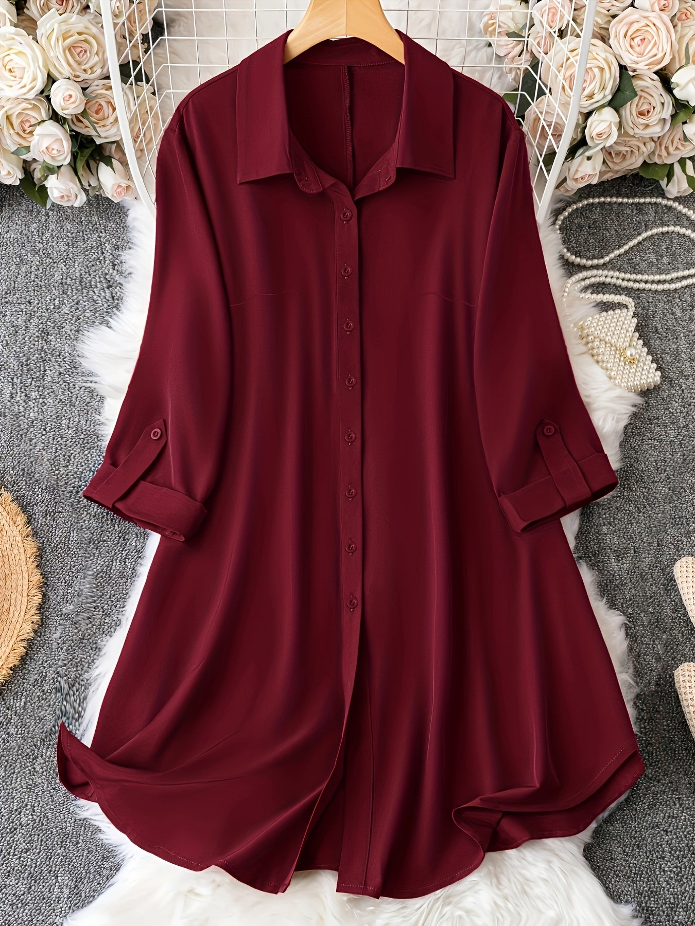  Solid Button Up Shirt Dress