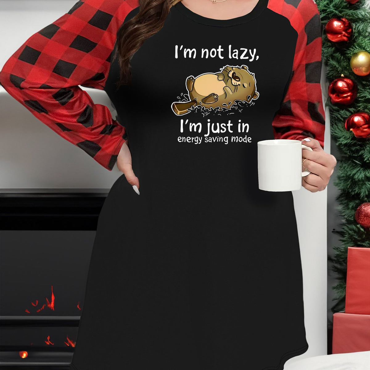  Cartoon Animal Print Nightdress Plaid Raglan Sleeve Loungewear Dress