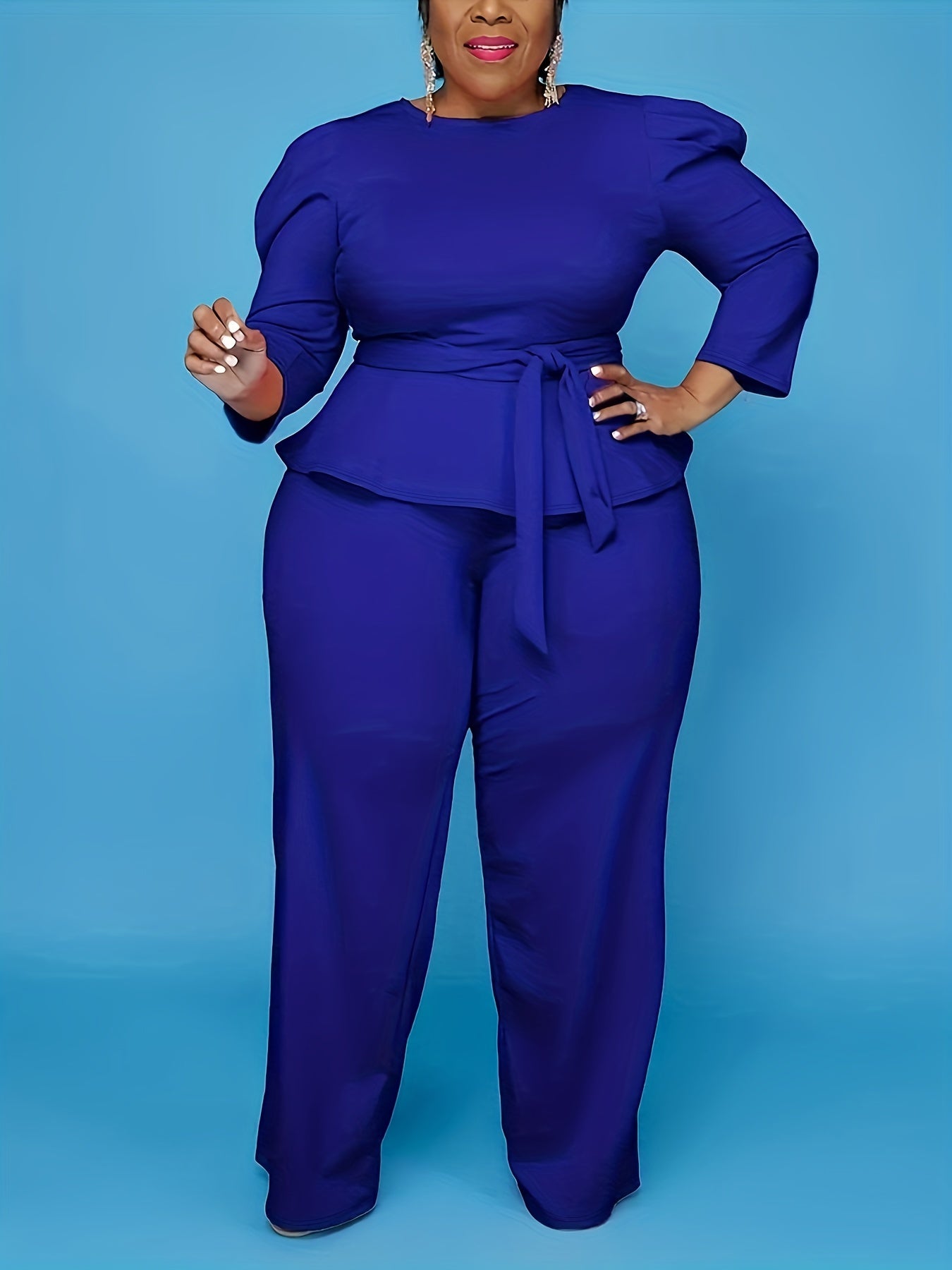 Women's Plus 3/4 Sleeve Peplum Zipper Tops Wide Leg Pant Outfits