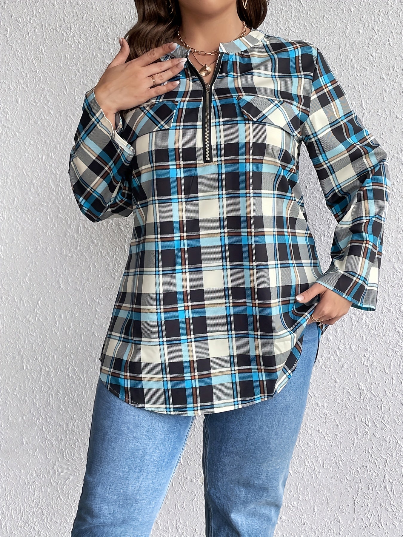  Plaid Print Long Sleeve Zip Up Notched Neck Top