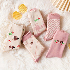 5 Pairs Geometric & Cartoon Pattern Socks Comfy Thickened Mid Tube Stockings