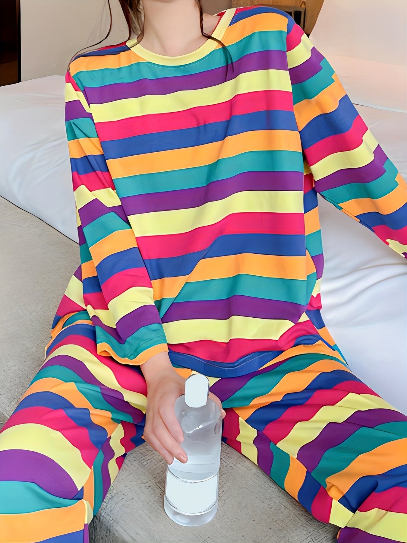 Rainbow Stripe Pajama Set Long Sleeve Top & Lounge Pants Women's Sleepwear