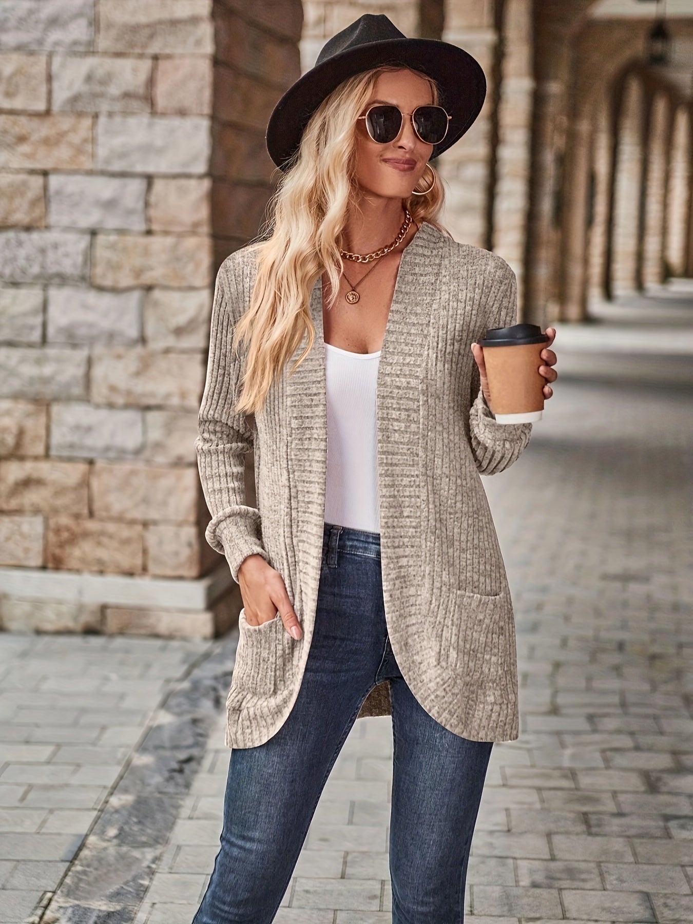  Ribbed Long Sleeve Open Front Cardigan With Pockets