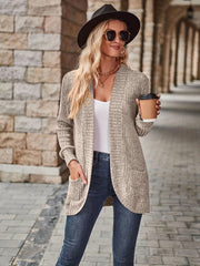  Ribbed Long Sleeve Open Front Cardigan With Pockets