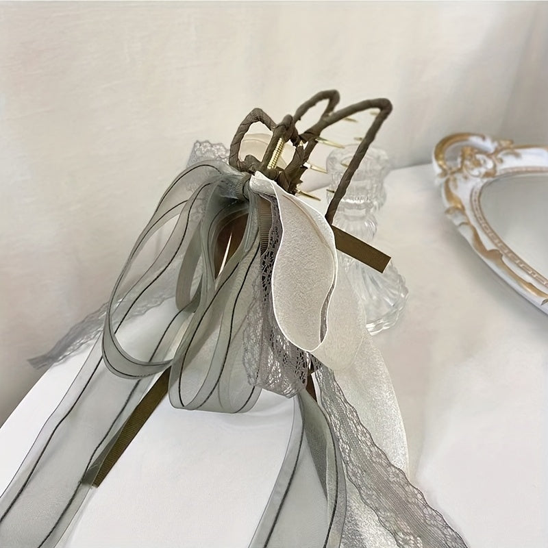 Long Ribbon Bow Hair Claw Lace Bowknot Hair Claw Nonslip Ponytail Holder