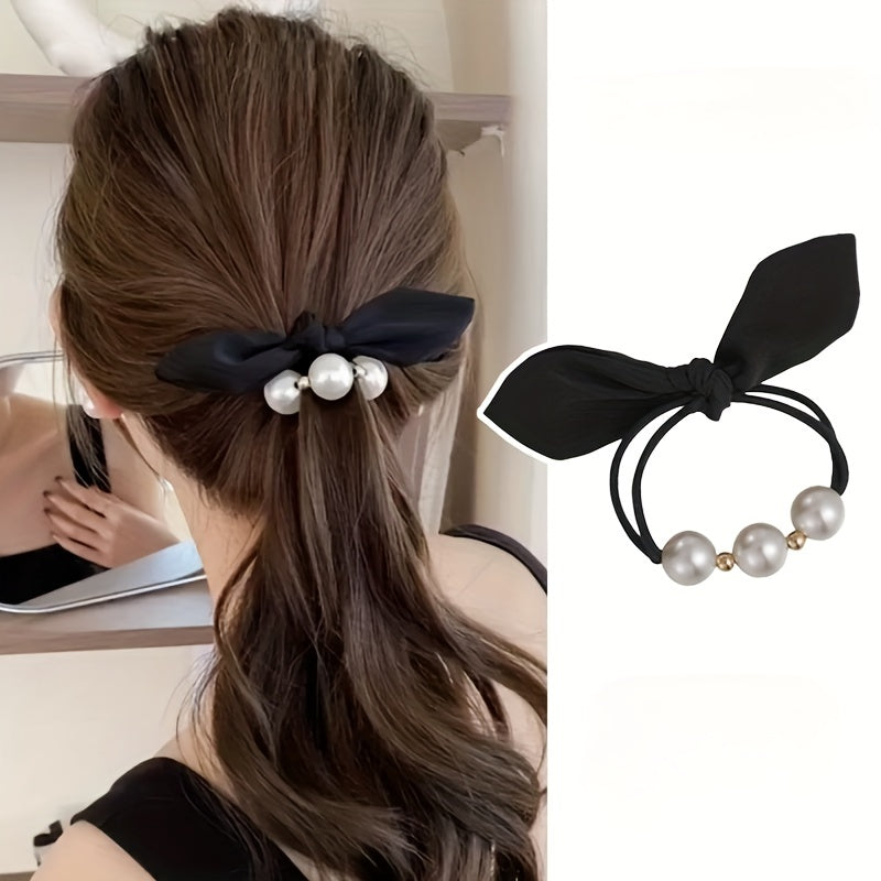 Bow Faux Pearl Hairband Elastic Hair Tie