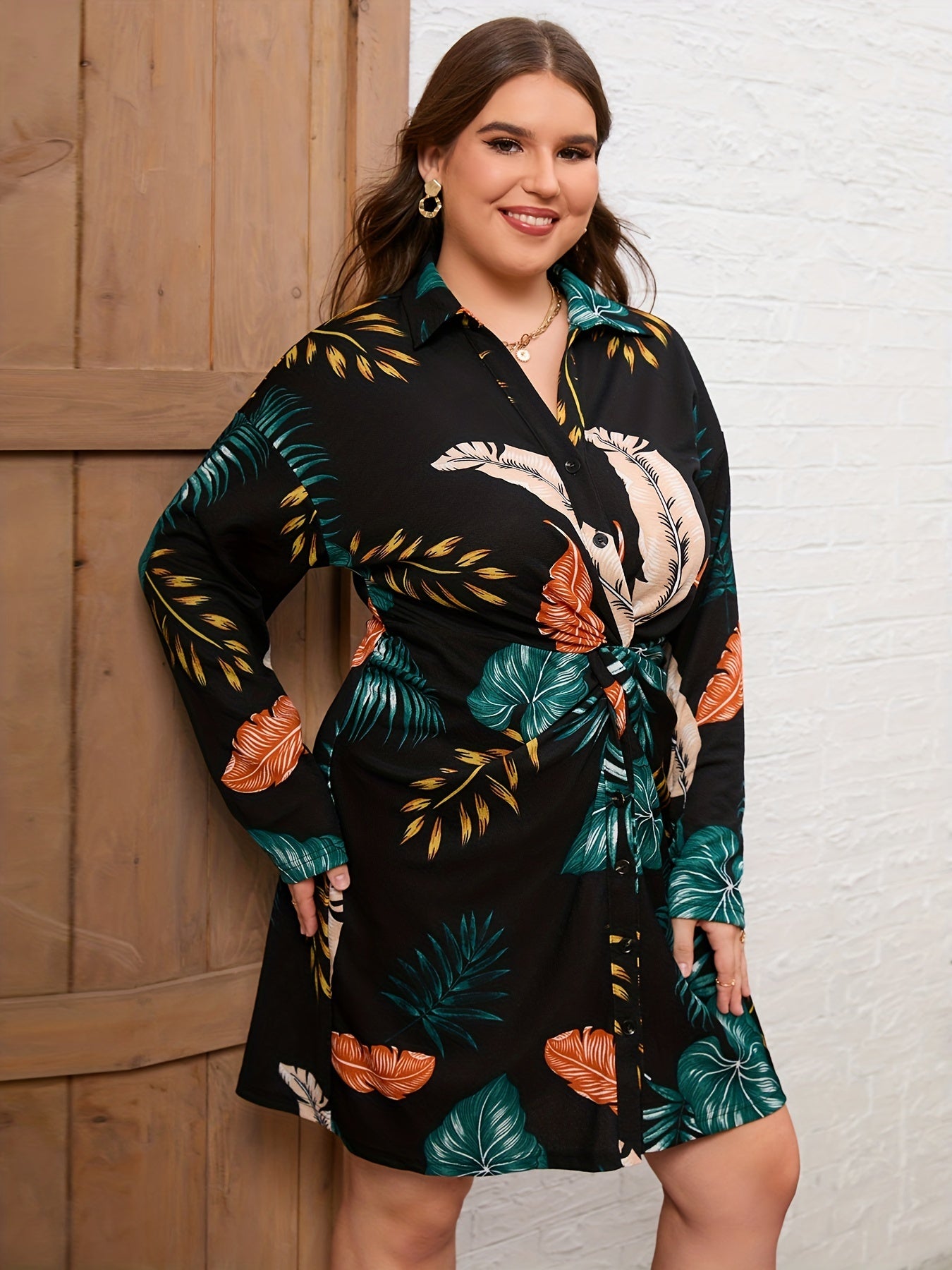  Tropical Print Button Up Long Sleeve Shirt Dress