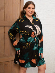  Tropical Print Button Up Long Sleeve Shirt Dress